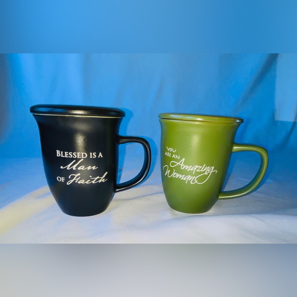 2 religious mugs w covers One Men’s Mug One Women’s Mug Anniversary Wedding EUC